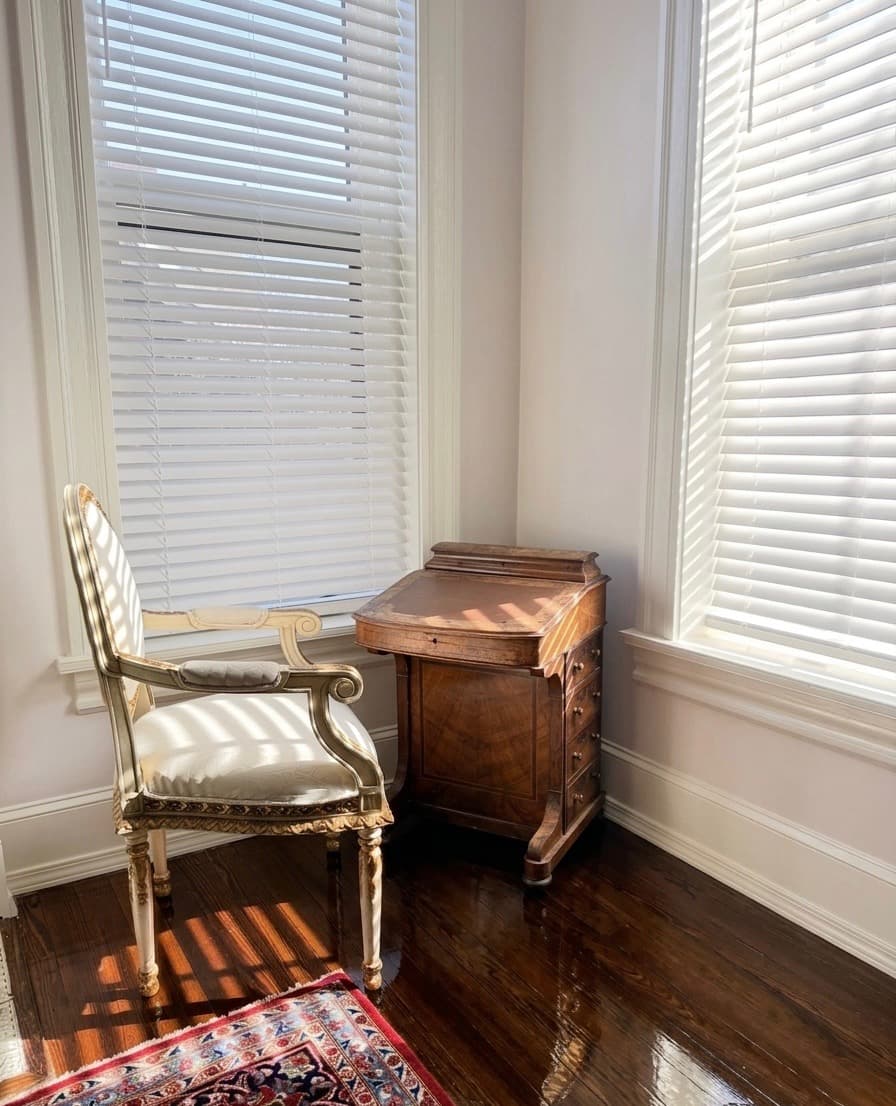 A wooden desk and ornate chair sit by a sunny window with blinds.