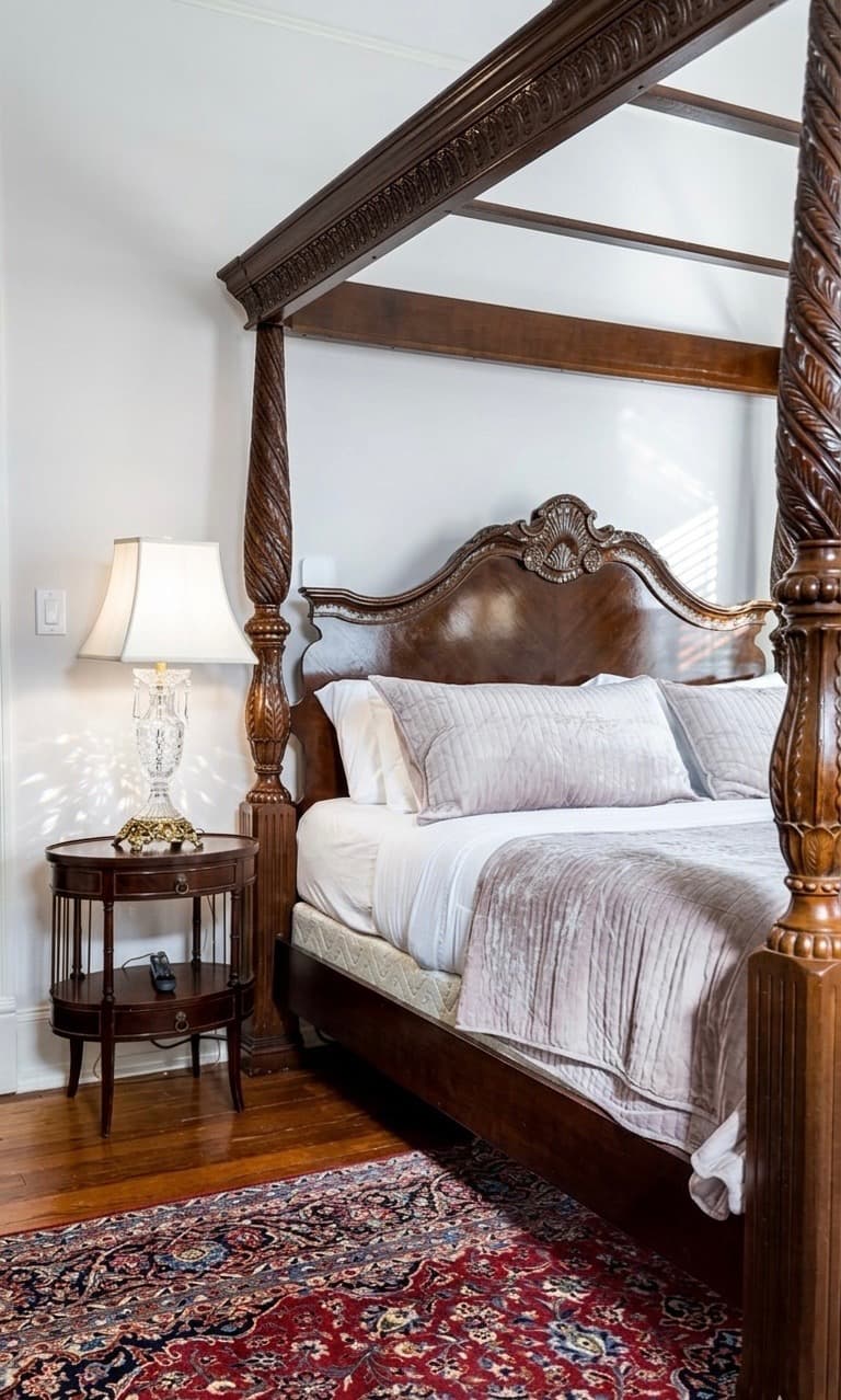 A cozy bedroom featuring a wooden four-poster bed, plush bedding, and a nightstand with a lamp.