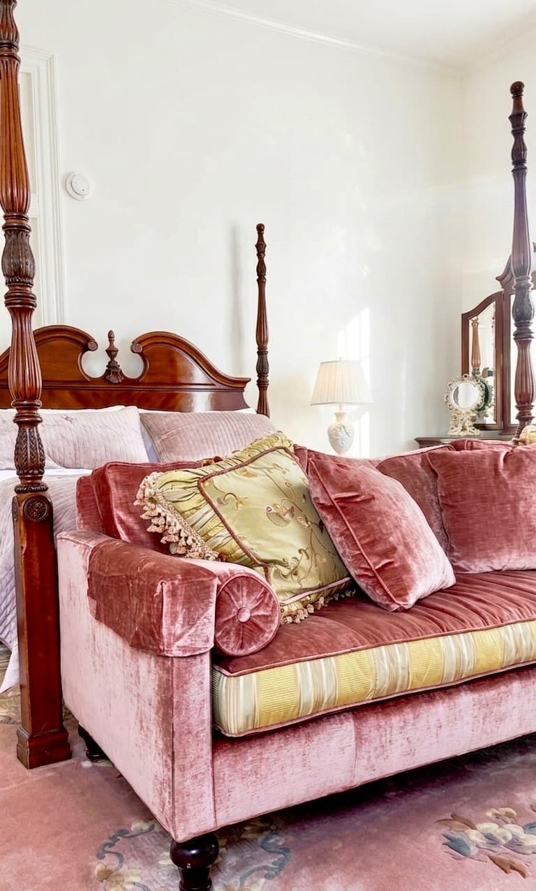 A plush, pink velvet sofa with decorative pillows is positioned beside a wooden four-poster bed in a bright, airy room.