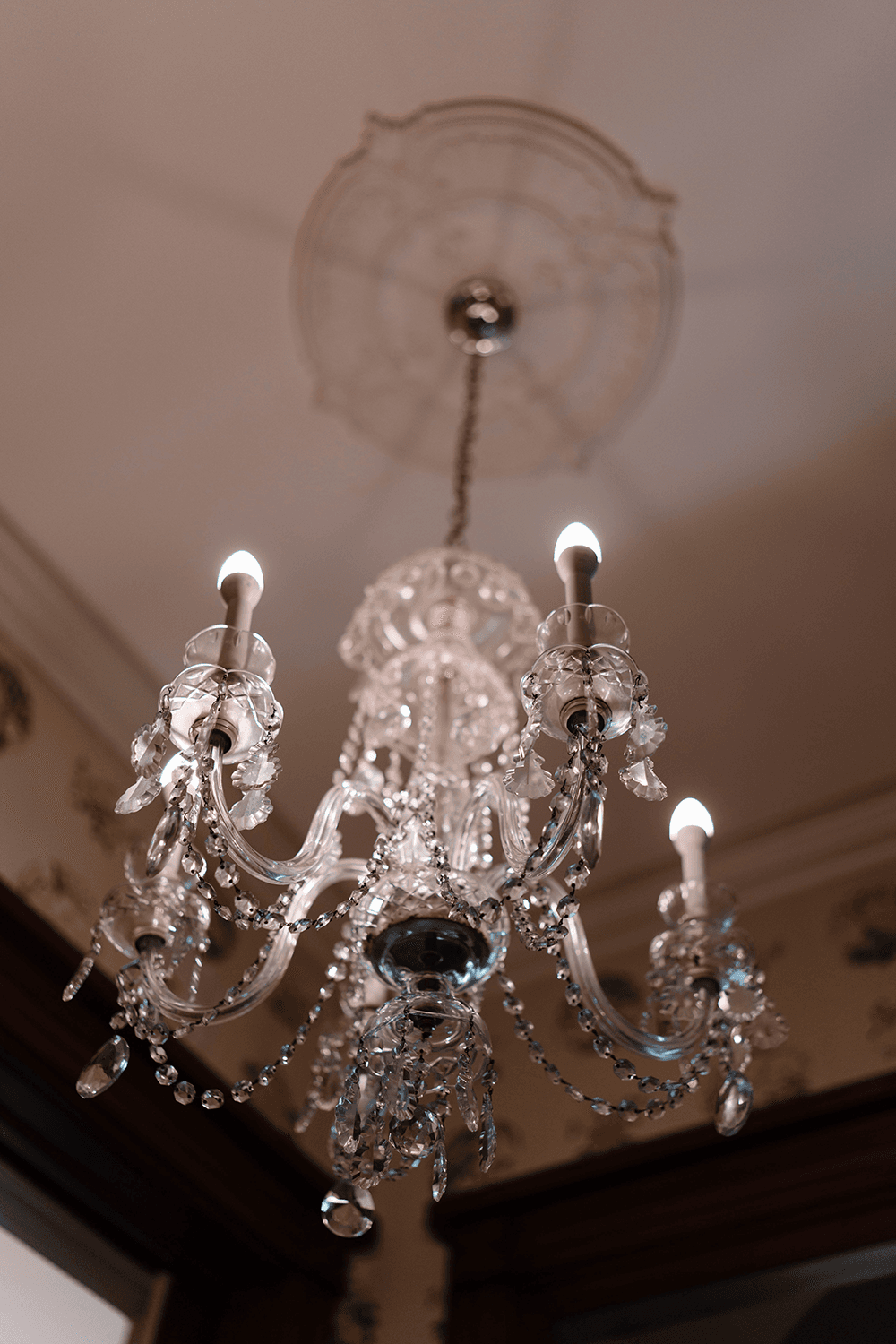A decorative crystal chandelier hanging from a ceiling.